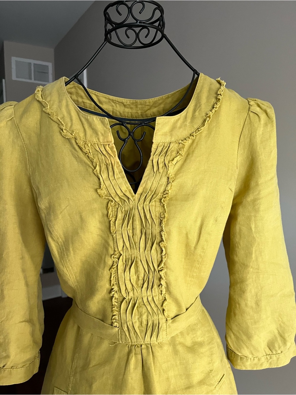 BODEN Yellow Ruffled Front Linen Dress with tie - Picture 6 of 13